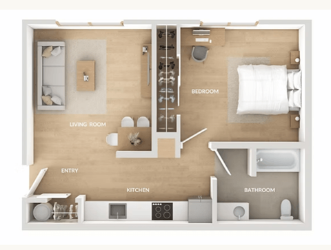Floor plan for 1 bed, 1 bath, 569 sqft